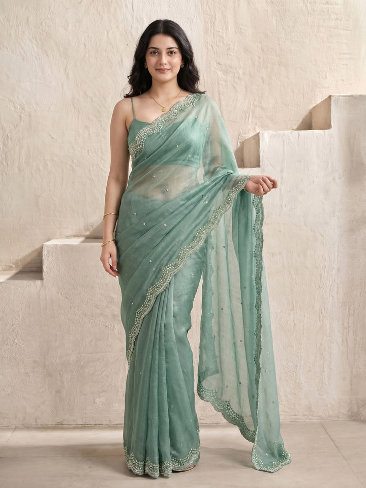 Aqua Green Embroidered Chiffon Saree