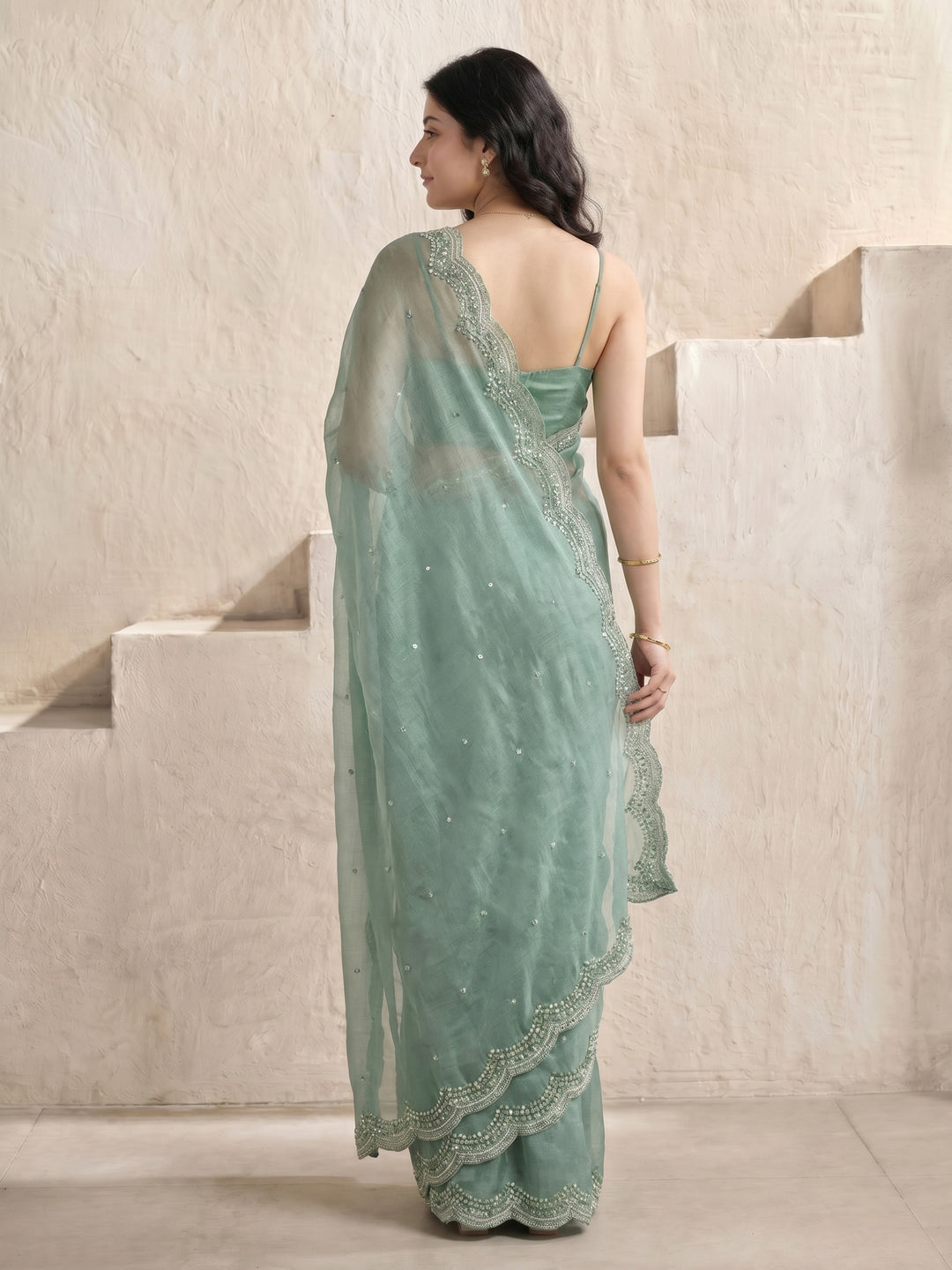 Aqua Green Embroidered Chiffon Saree
