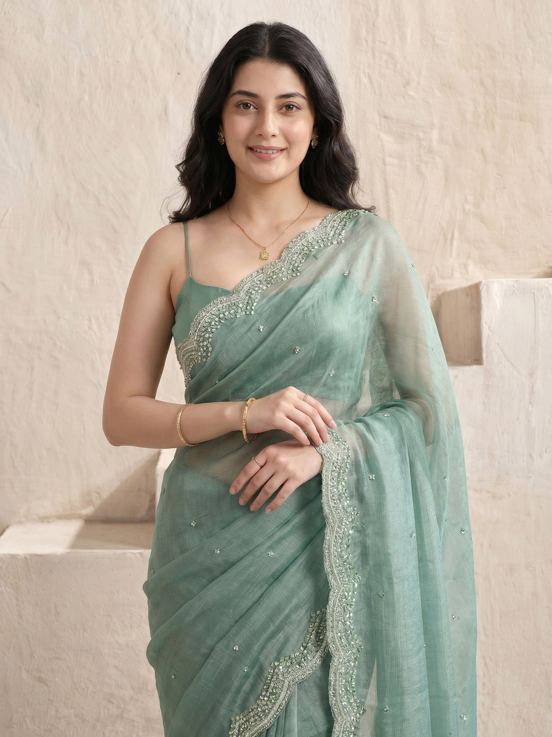 Aqua Green Embroidered Chiffon Saree