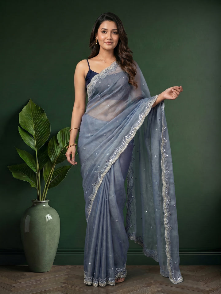 Grey Blue Embroidered Chiffon Saree