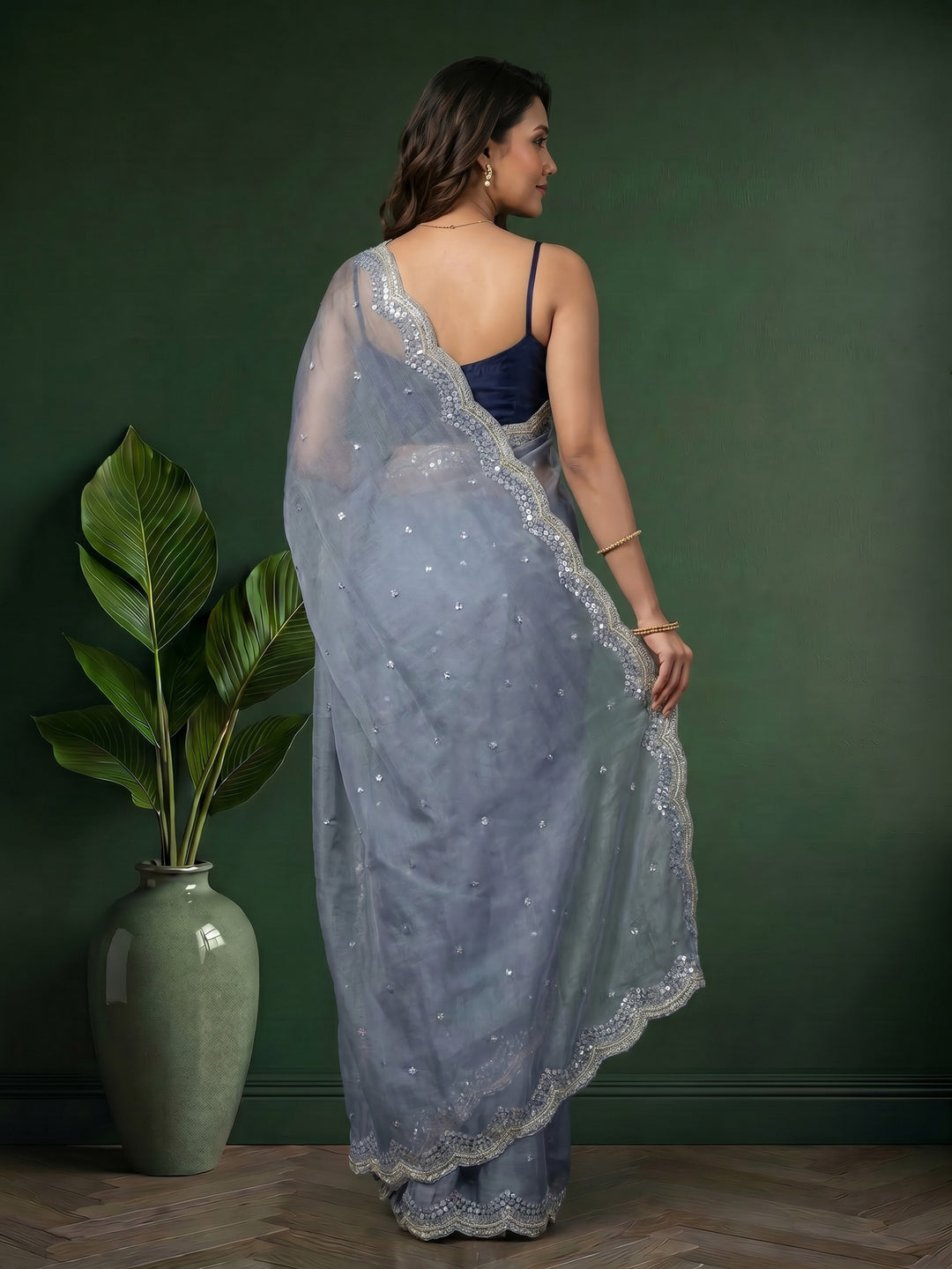 Grey Blue Embroidered Chiffon Saree
