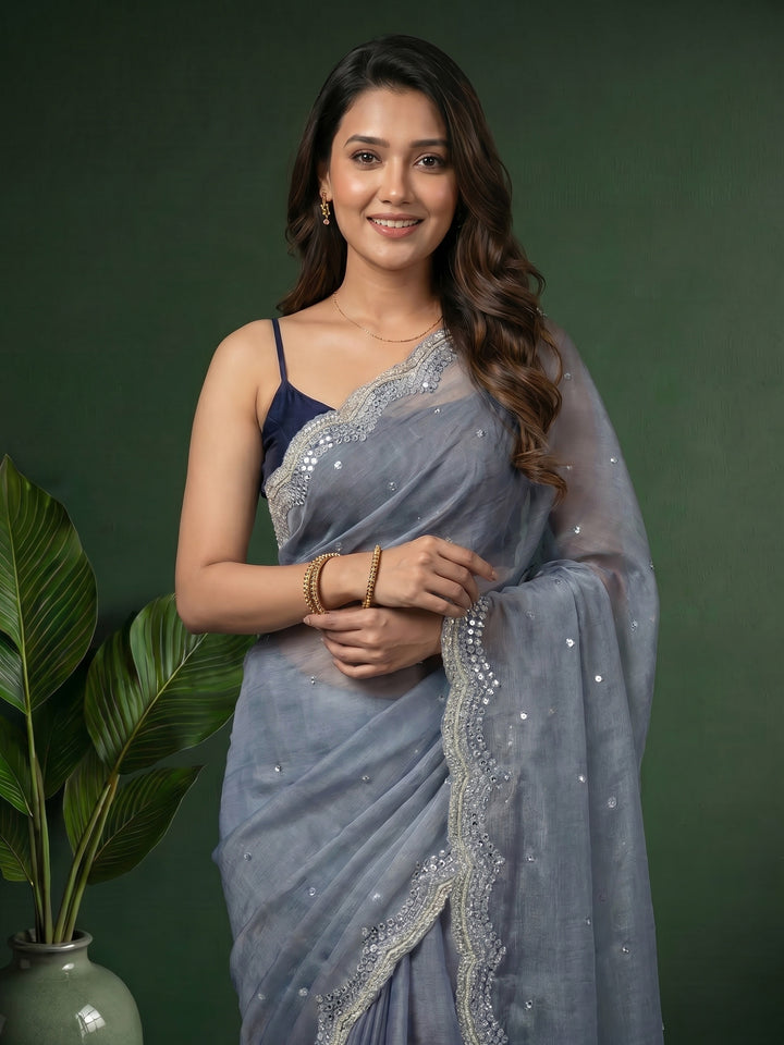 Grey Blue Embroidered Chiffon Saree