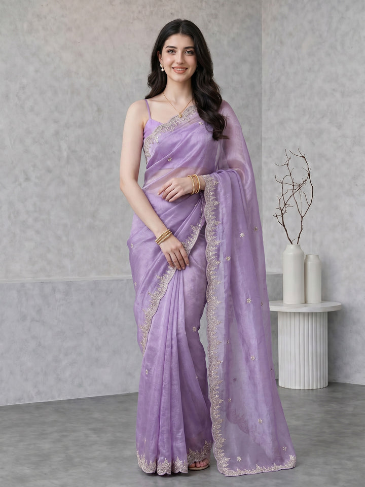 Lavender Embroidered Tissue Saree