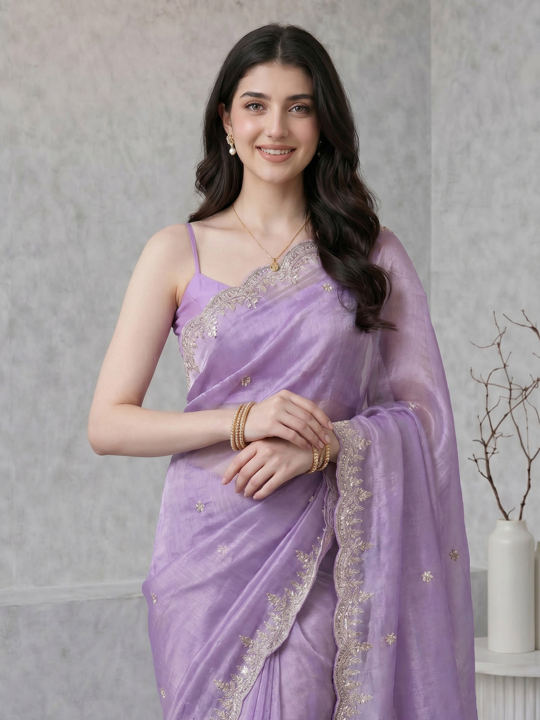 Lavender Embroidered Tissue Saree