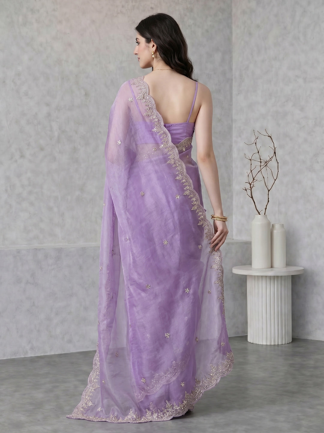 Lavender Embroidered Tissue Saree