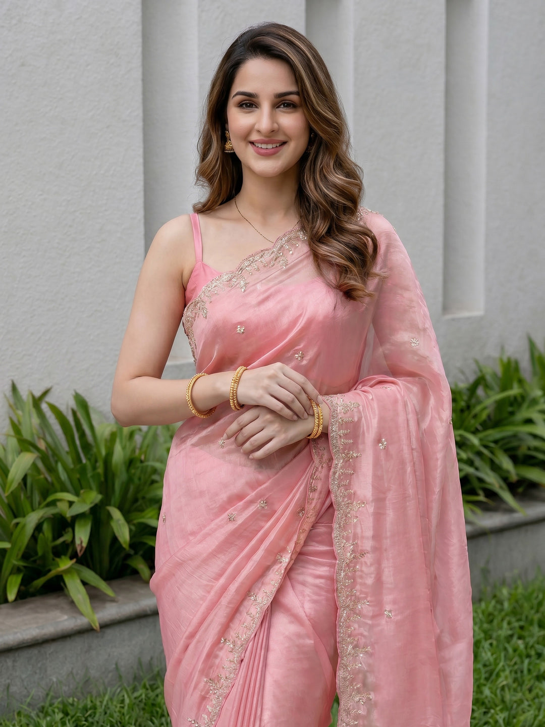 Pink Embroidered Tissue Saree
