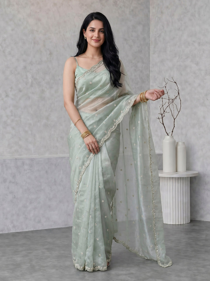 Aqua Green Embroidered Tissue Saree