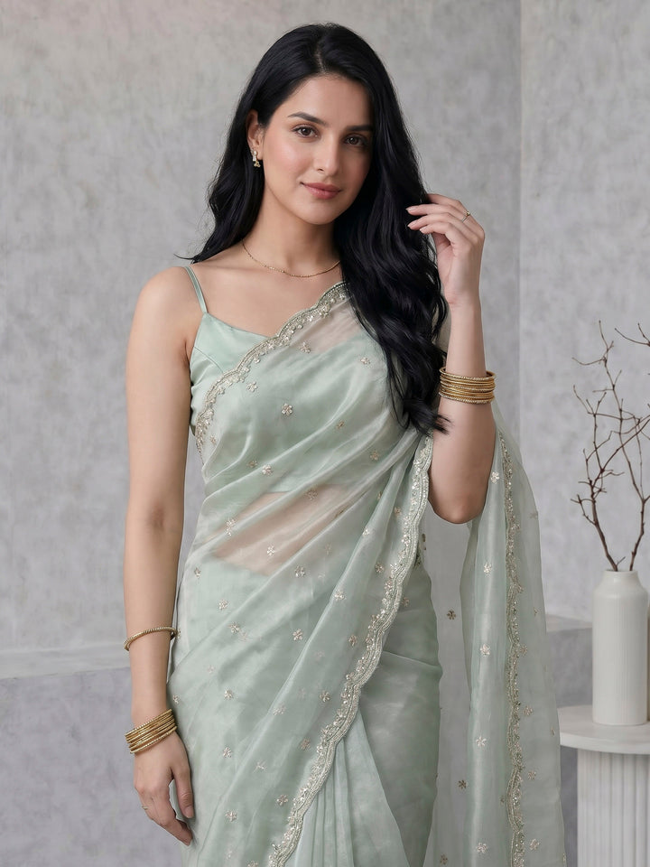 Aqua Green Embroidered Tissue Saree