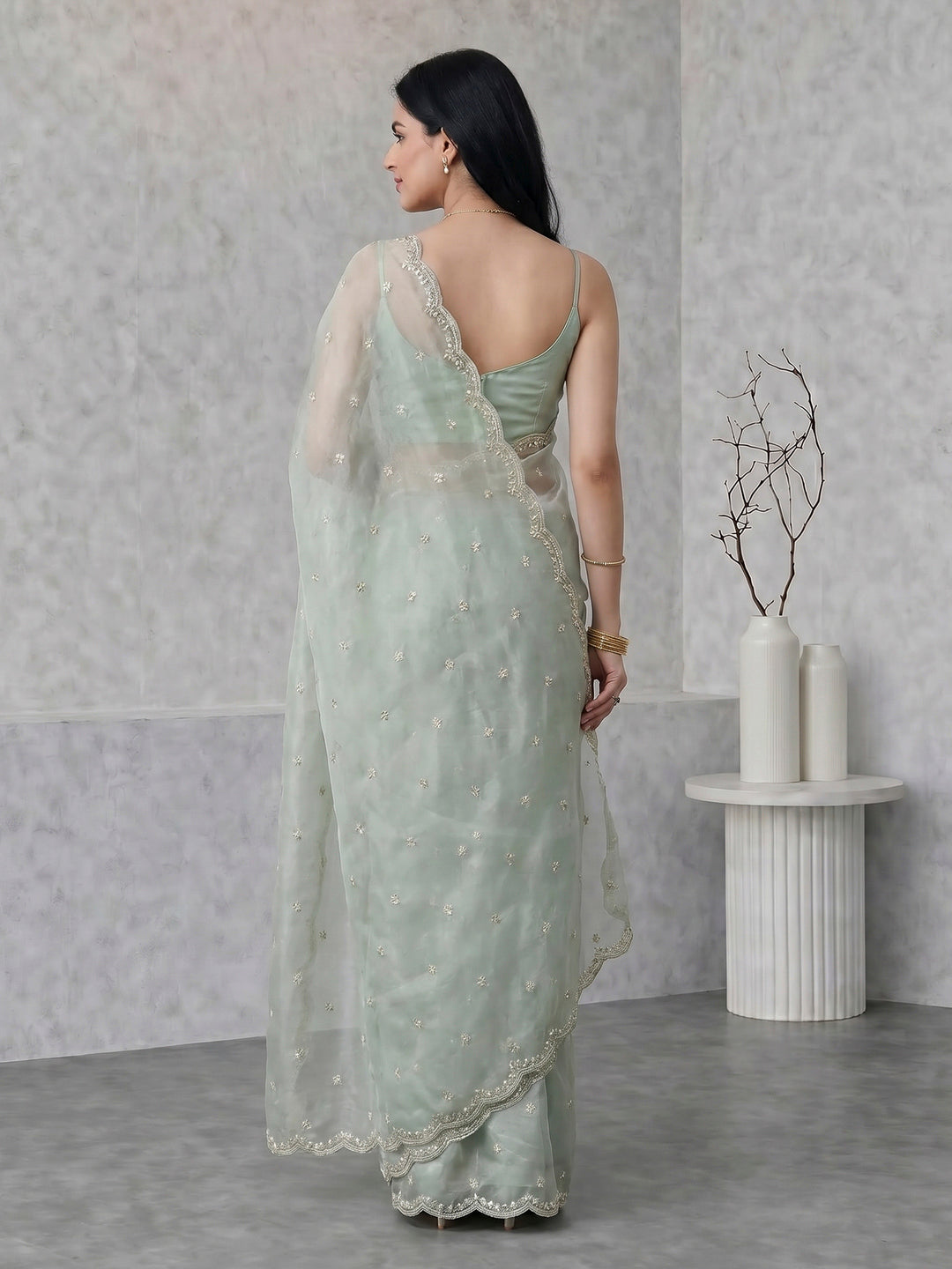 Aqua Green Embroidered Tissue Saree
