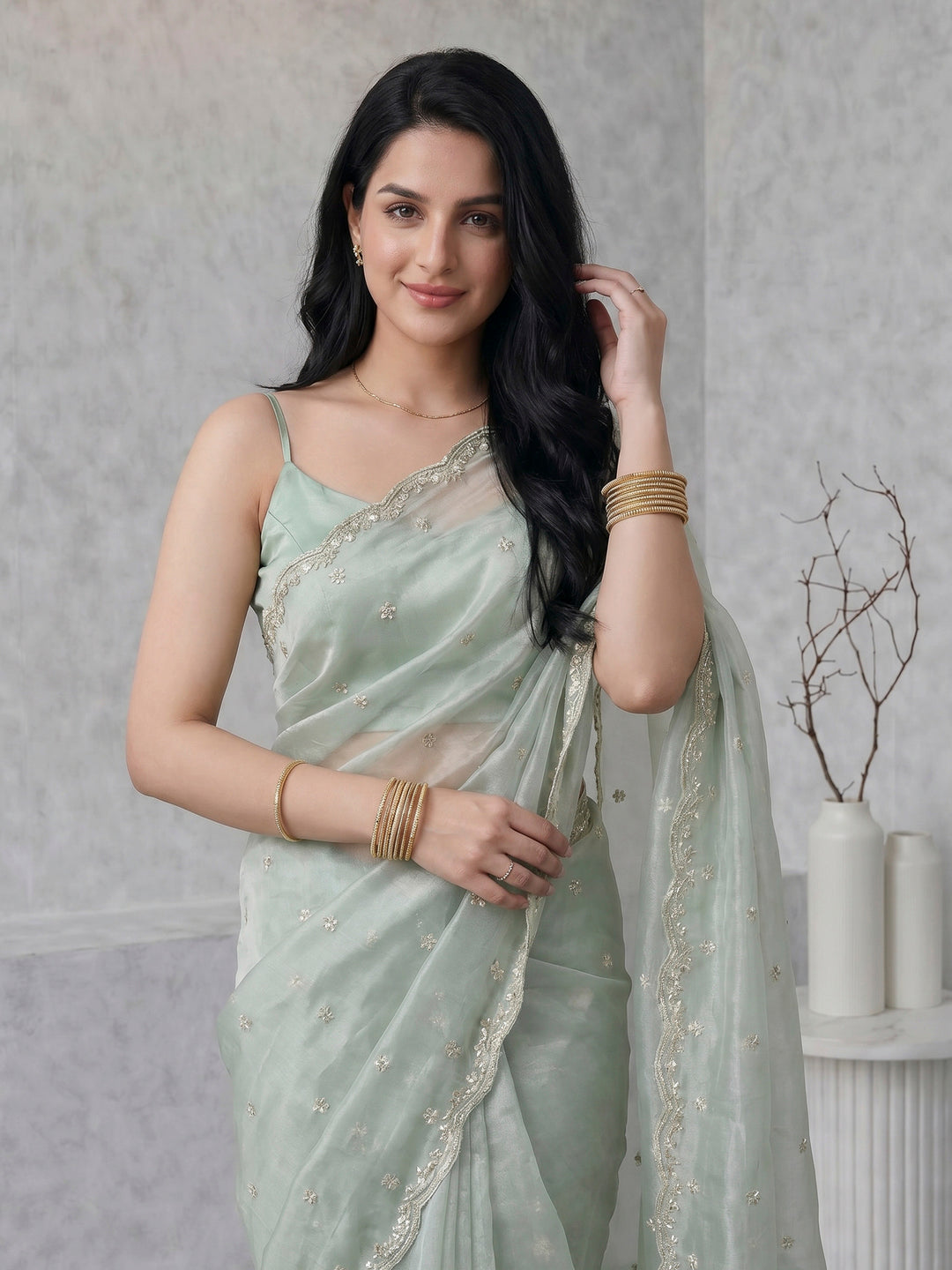 Aqua Green Embroidered Tissue Saree