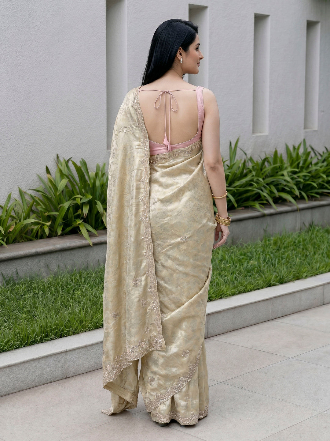 Beige Embroidered Tissue Saree