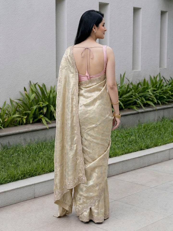 Beige Embroidered Tissue Saree