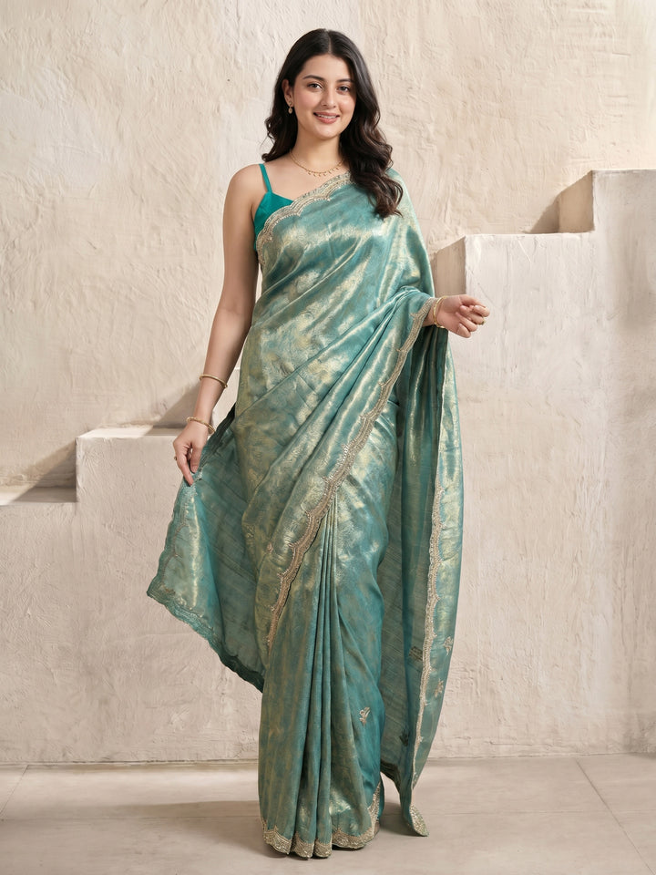 Sea Green Embroidered Tissue Saree