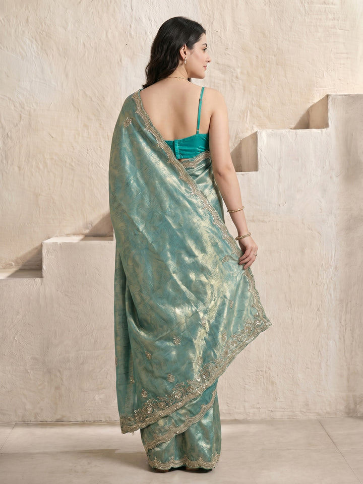 Sea Green Embroidered Tissue Saree