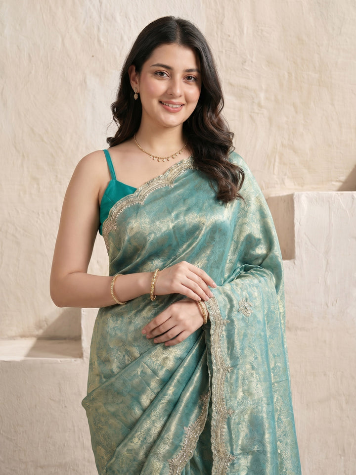 Sea Green Embroidered Tissue Saree