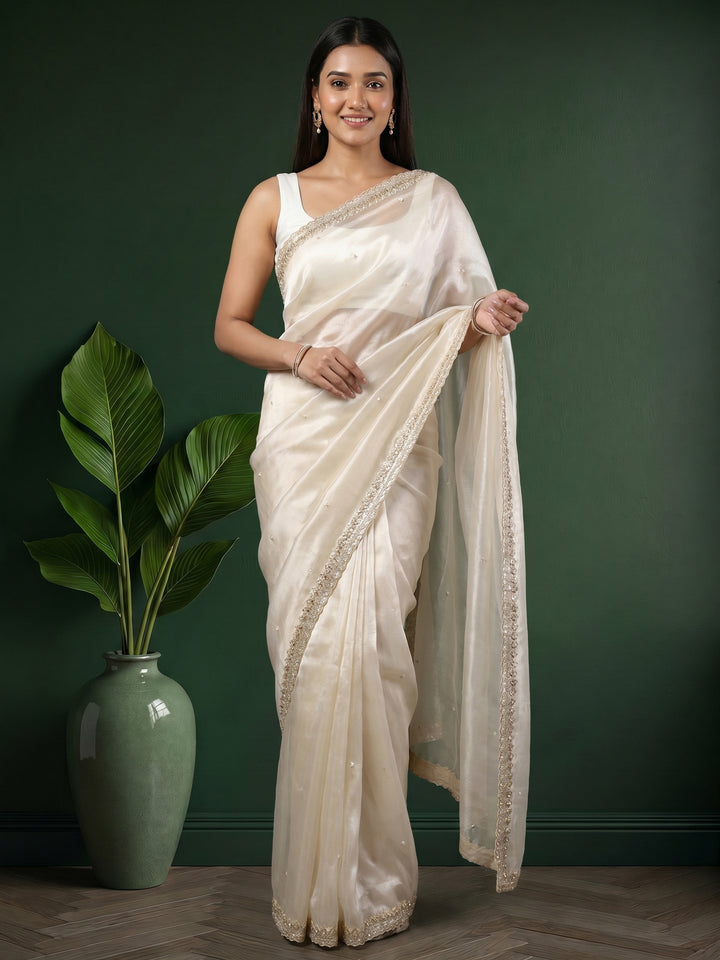 Cream Embroidered Tissue Saree