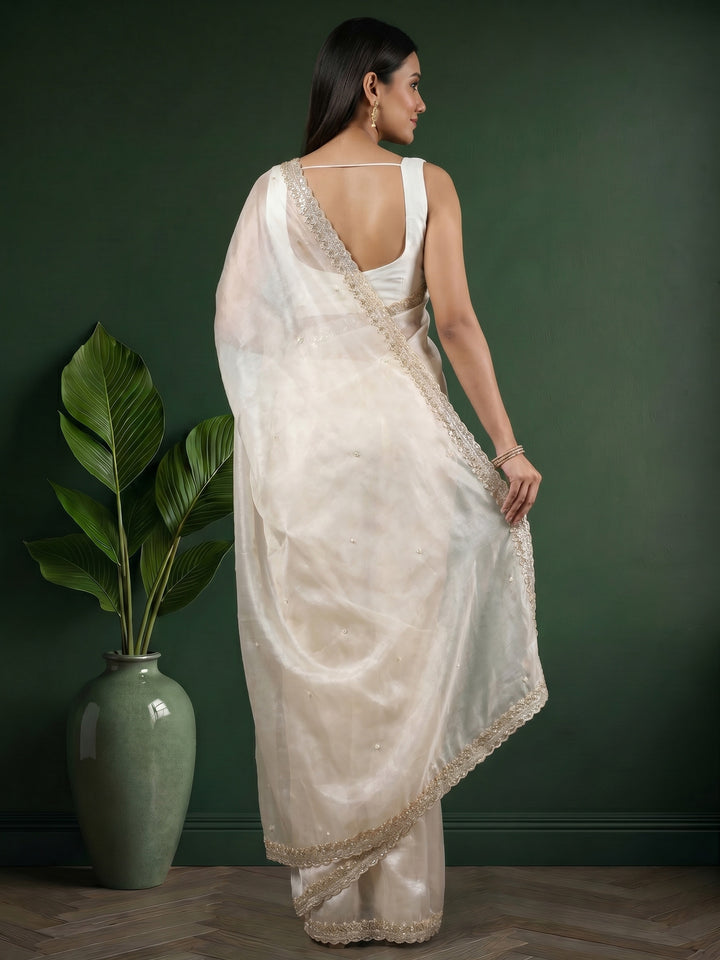 Cream Embroidered Tissue Saree