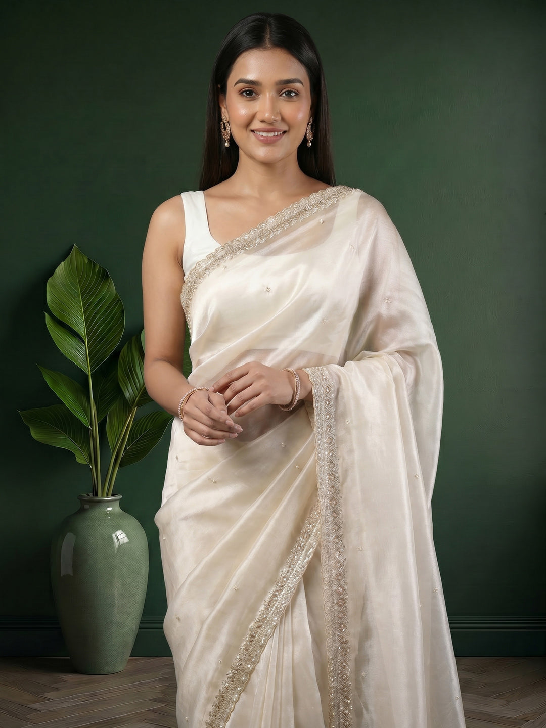 Cream Embroidered Tissue Saree