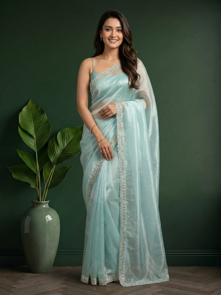 Sky Blue Embroidered Tissue Saree