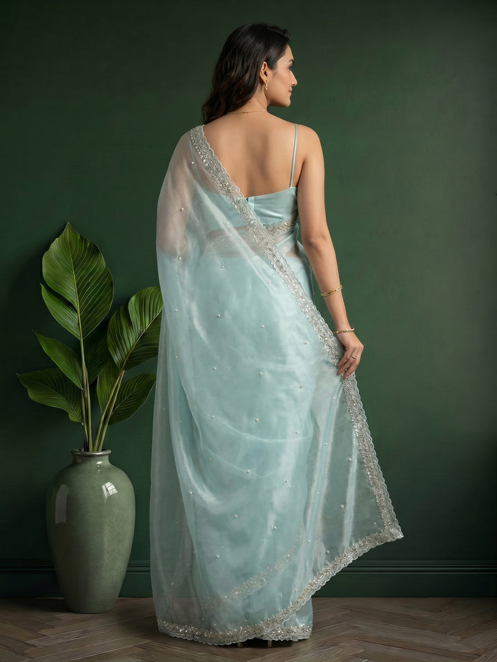 Sky Blue Embroidered Tissue Saree