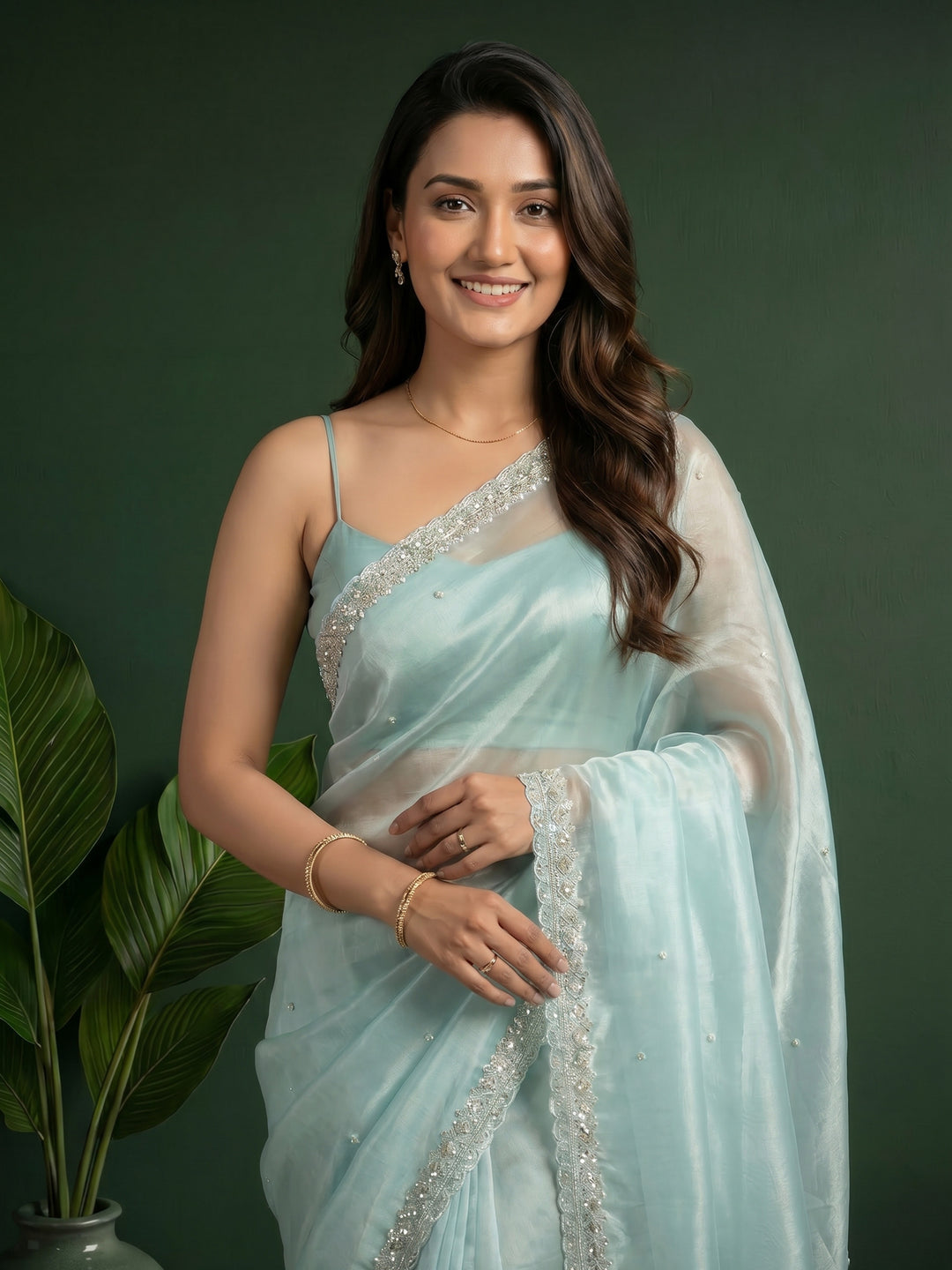 Sky Blue Embroidered Tissue Saree