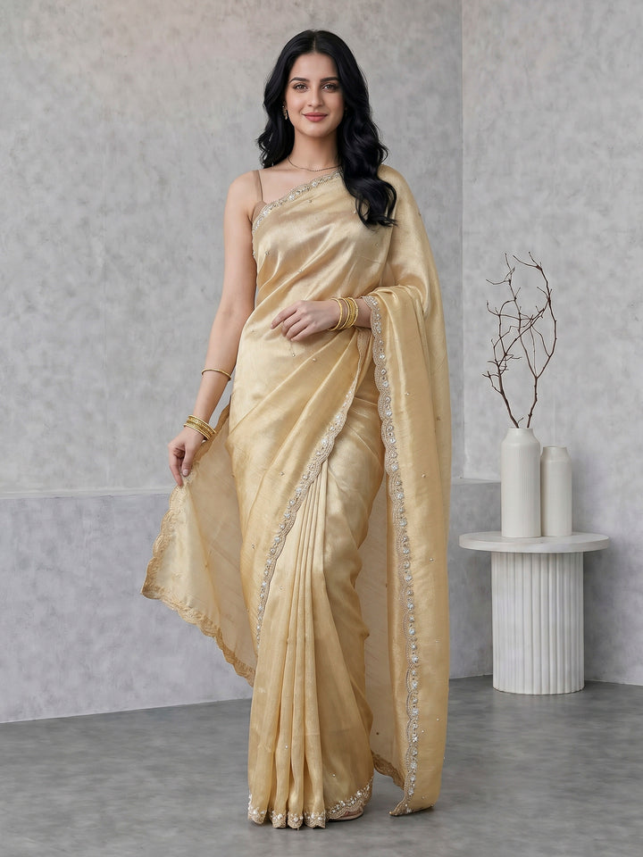 Beige Embroidered Tissue Saree