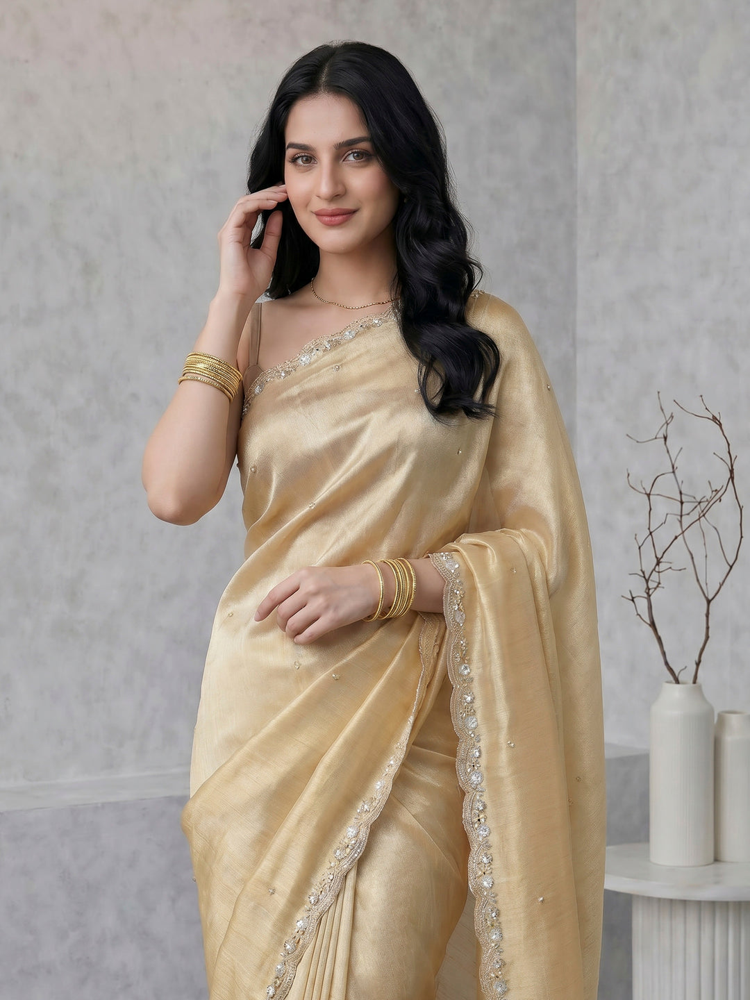 Beige Embroidered Tissue Saree