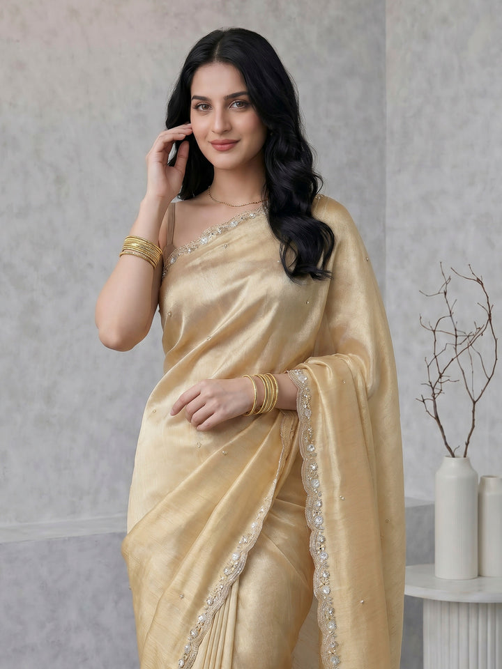 Beige Embroidered Tissue Saree