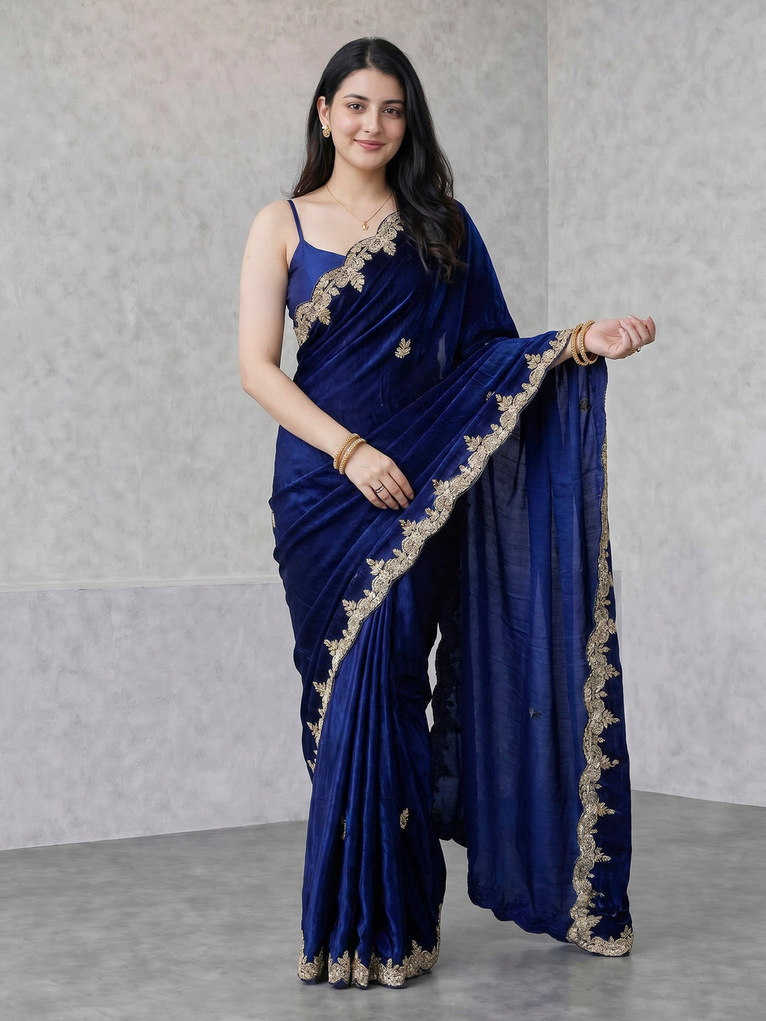 Navy Blue Embroidered Chinon Saree