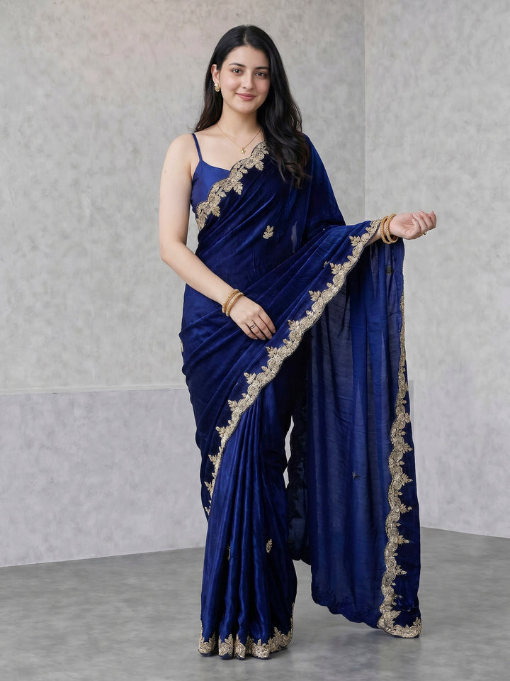 Navy Blue Embroidered Chinon Saree