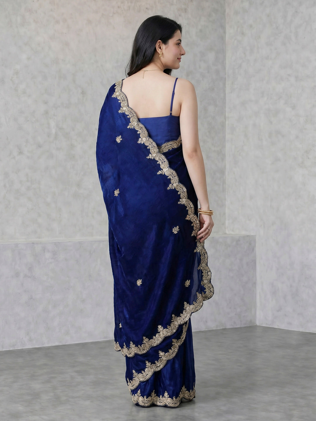 Navy Blue Embroidered Chinon Saree