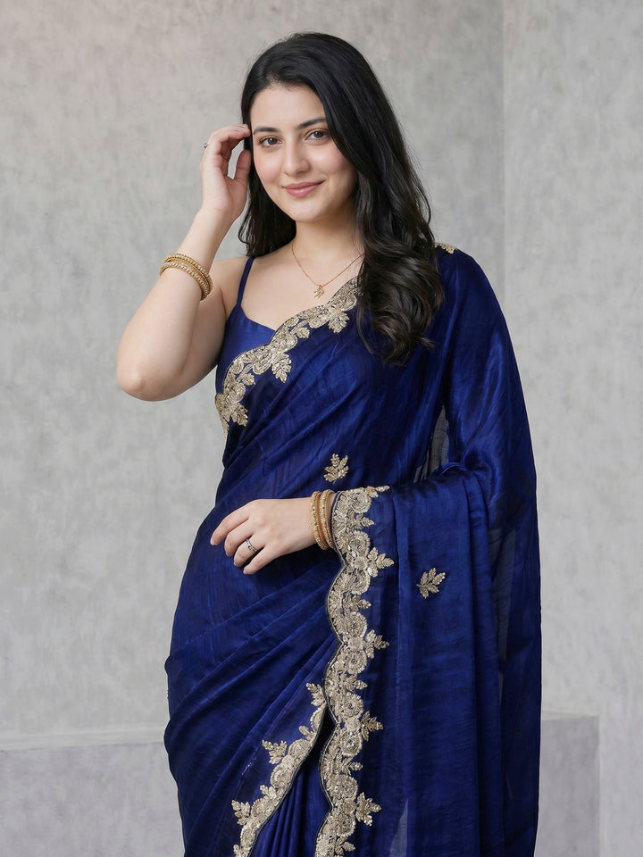 Navy Blue Embroidered Chinon Saree