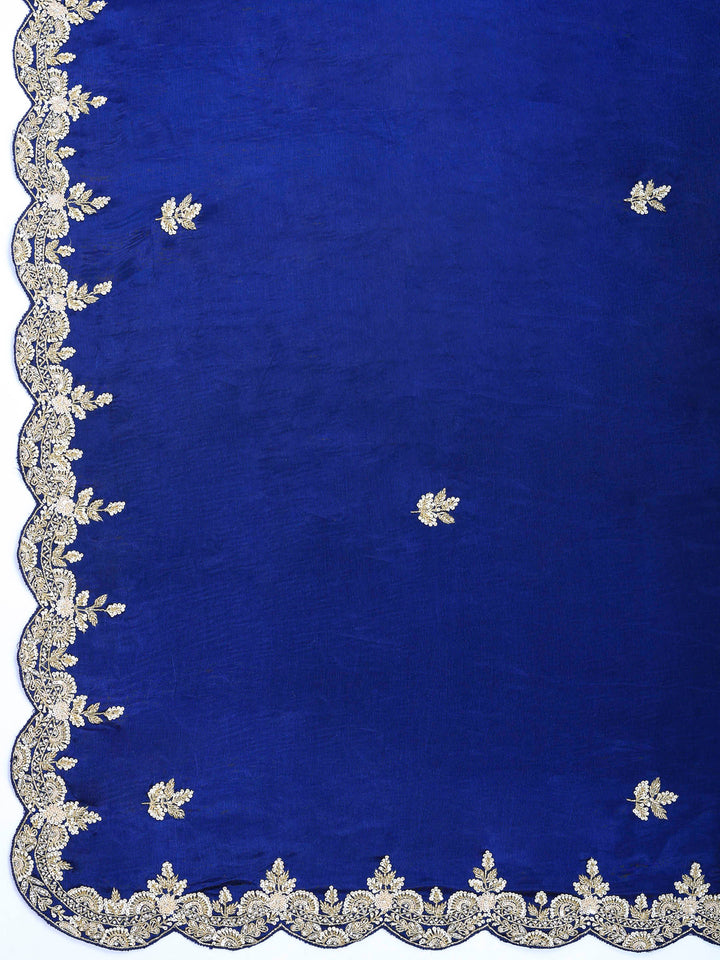 Navy Blue Embroidered Chinon Saree