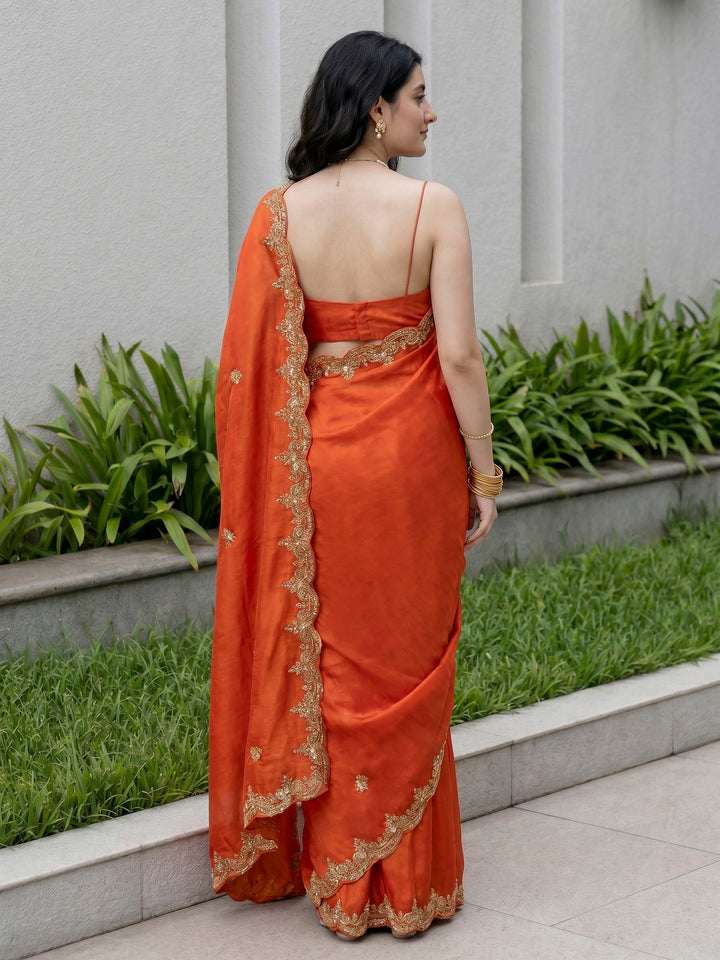 Orange Embroidered Chinon Saree
