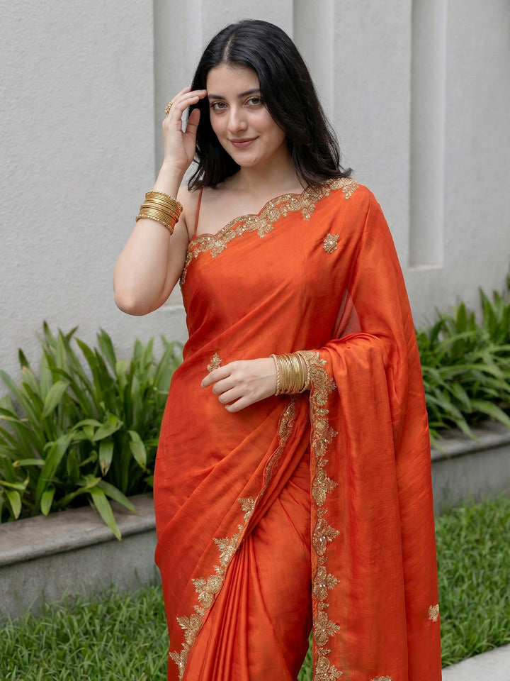 Orange Embroidered Chinon Saree