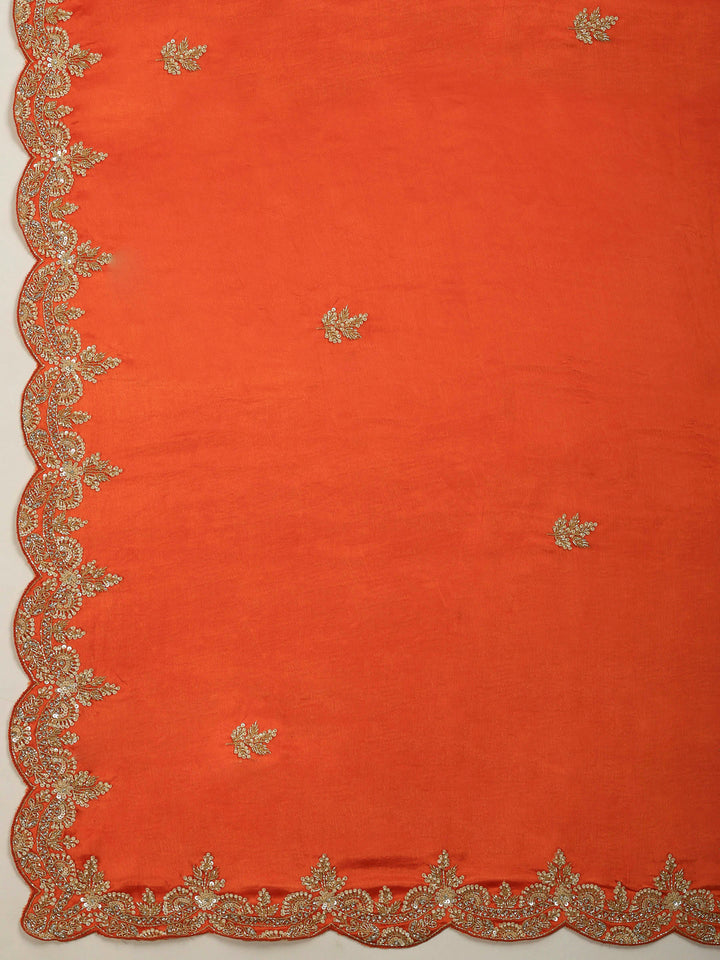 Orange Embroidered Chinon Saree
