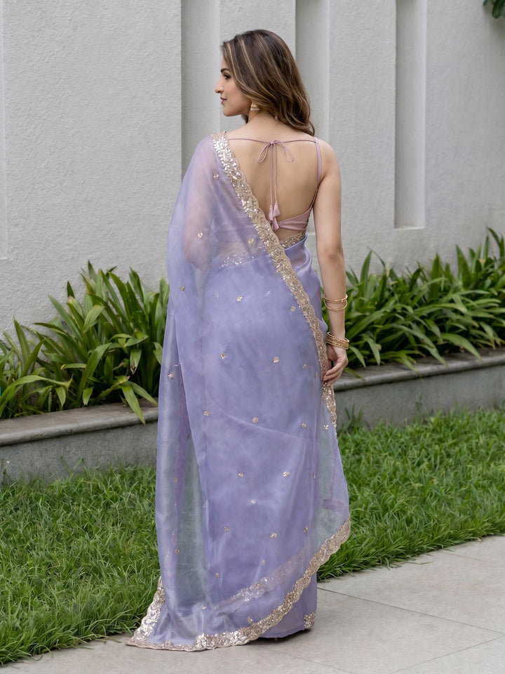 Grey Blue Embroidered Tissue Saree