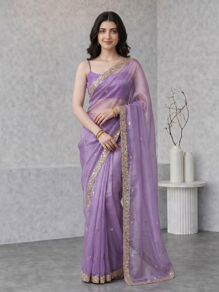 Lavender Embroidered Tissue Saree