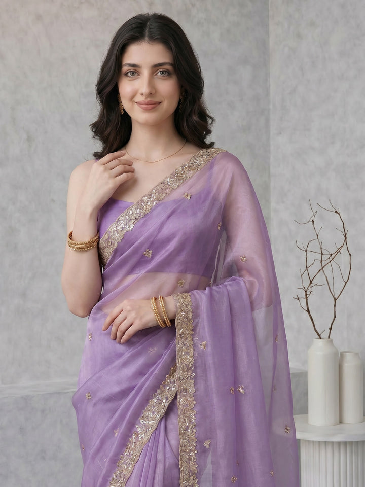 Lavender Embroidered Tissue Saree