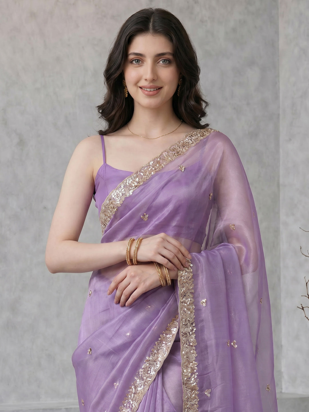 Lavender Embroidered Tissue Saree