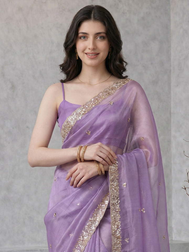 Lavender Embroidered Tissue Saree