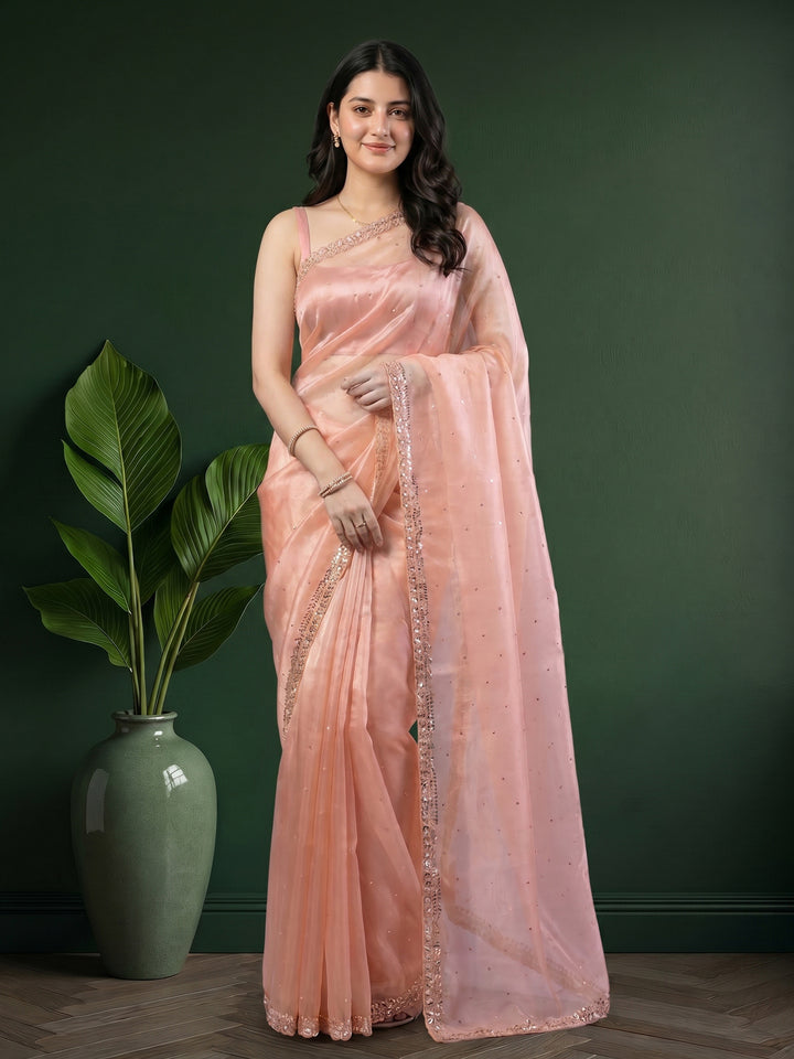 Peach Embroidered Tissue Saree