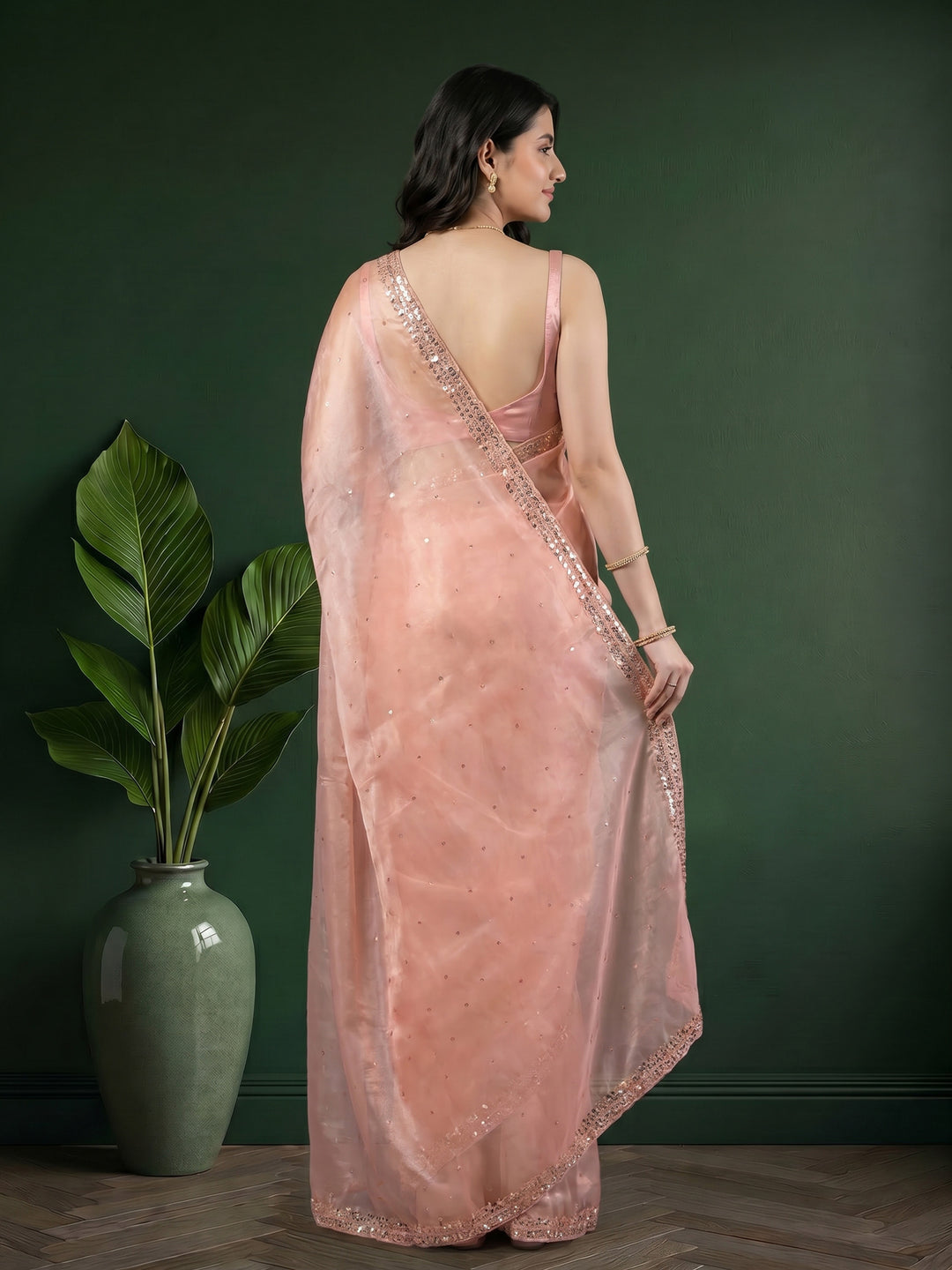 Peach Embroidered Tissue Saree