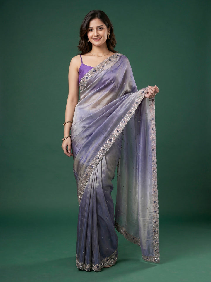 Grey Blue Embroidered Tissue Saree