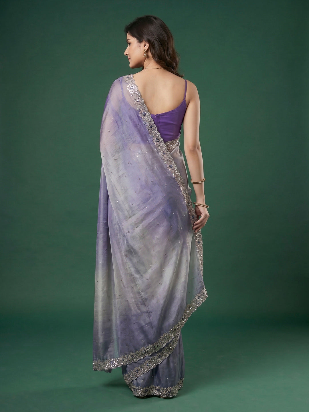 Grey Blue Embroidered Tissue Saree