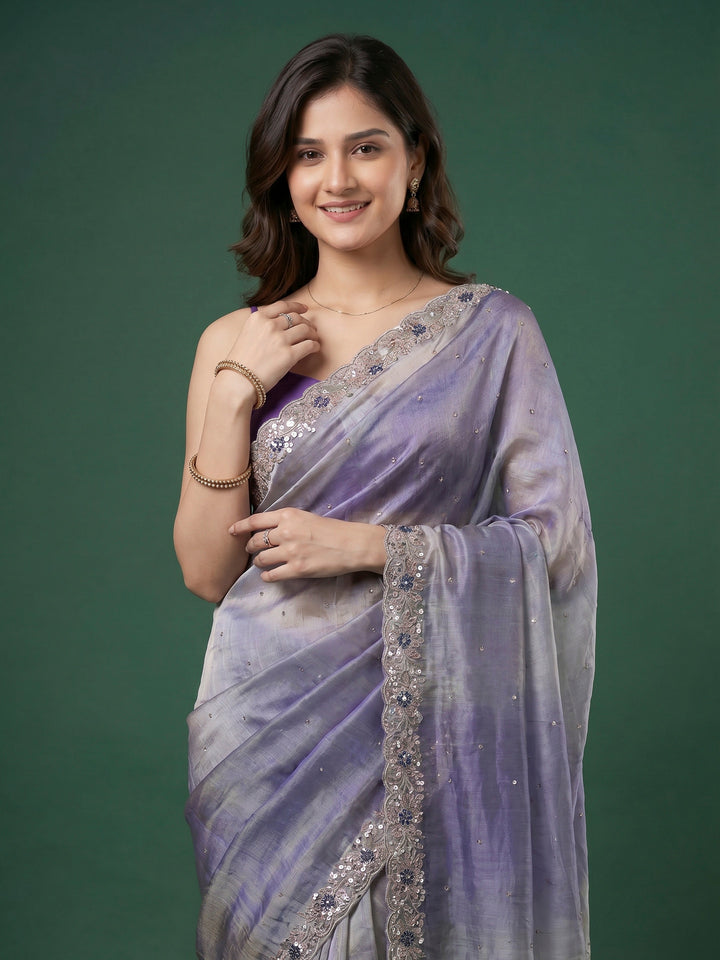 Grey Blue Embroidered Tissue Saree