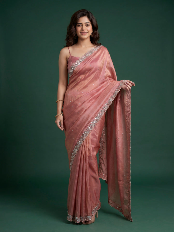 Pink Embroidered Tissue Saree
