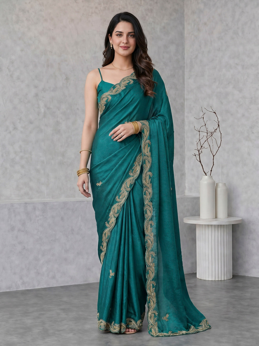 Green Embroidered Chinon Saree