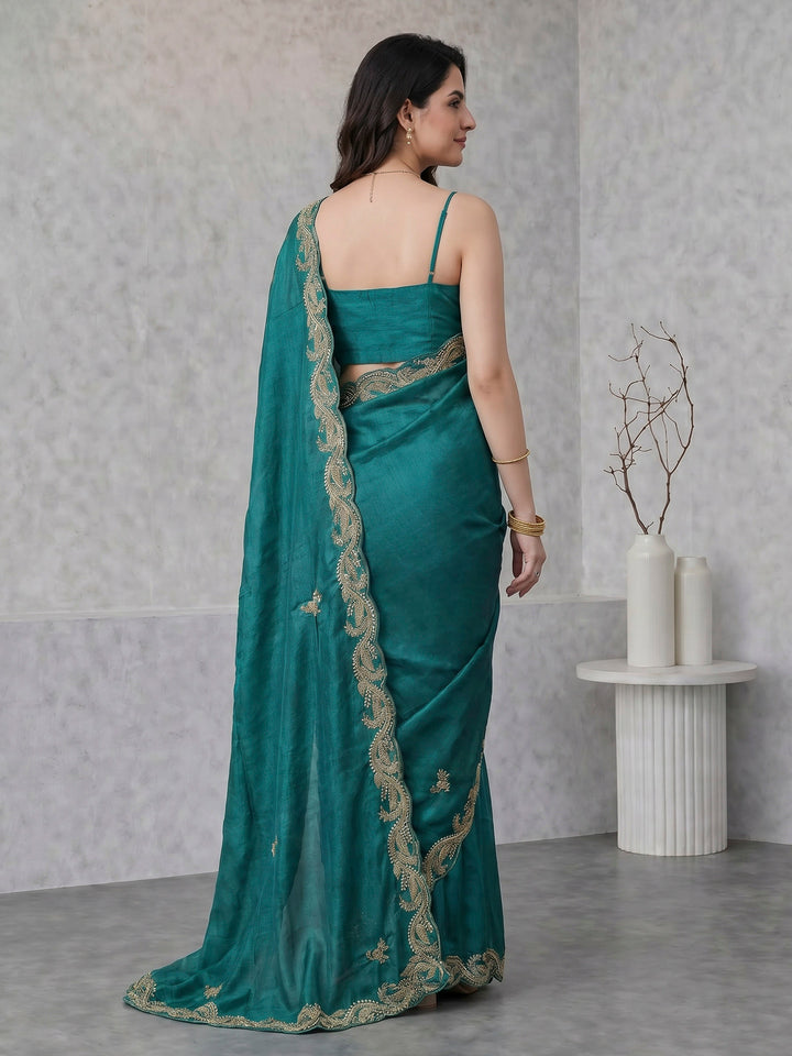 Green Embroidered Chinon Saree