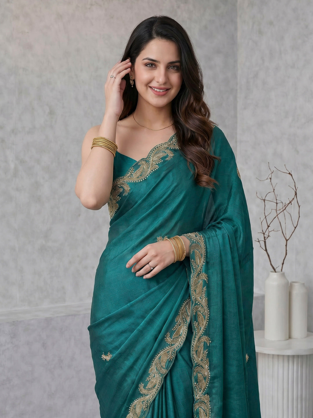 Green Embroidered Chinon Saree